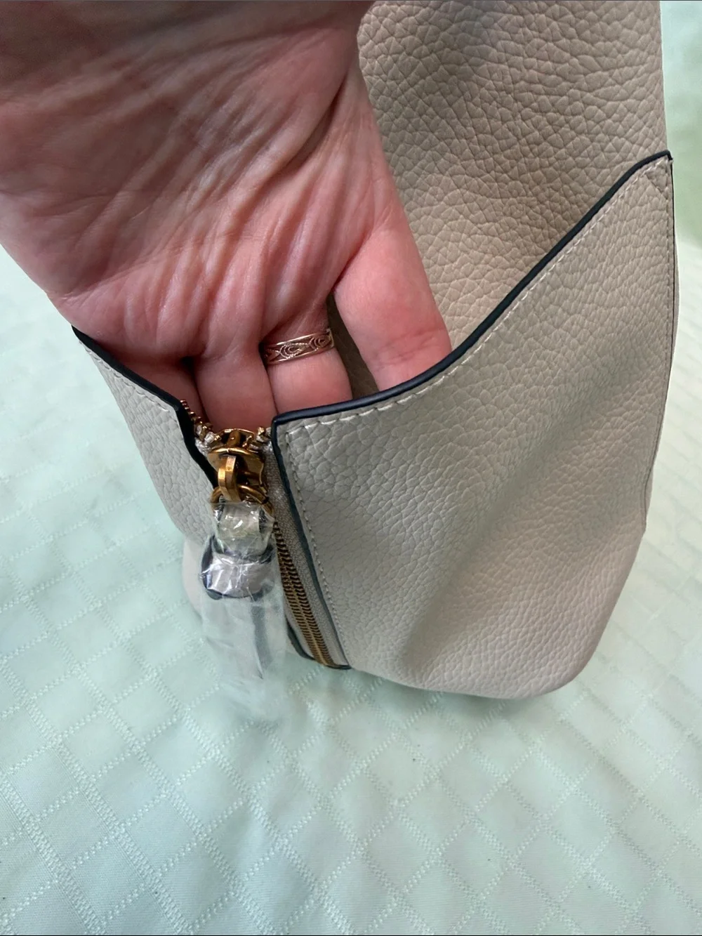 New Steve Madden Large Cream Faux Pebbled Shoulder Tote with Studded Strap